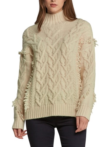 GANT Fringe Cable Turtle Women Jumper M Cream Wool Blend Tight-Knit Pullover