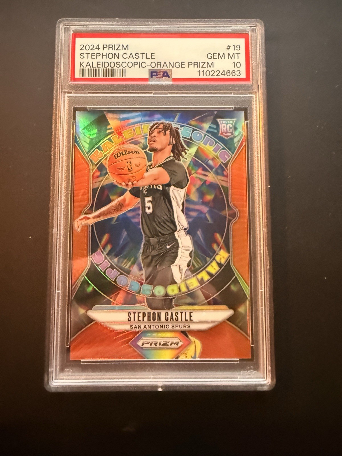 2024-25 Panini Prizm Kaleidoscopic Stephon Castle #19 Orange Prizm /49 PSA 10