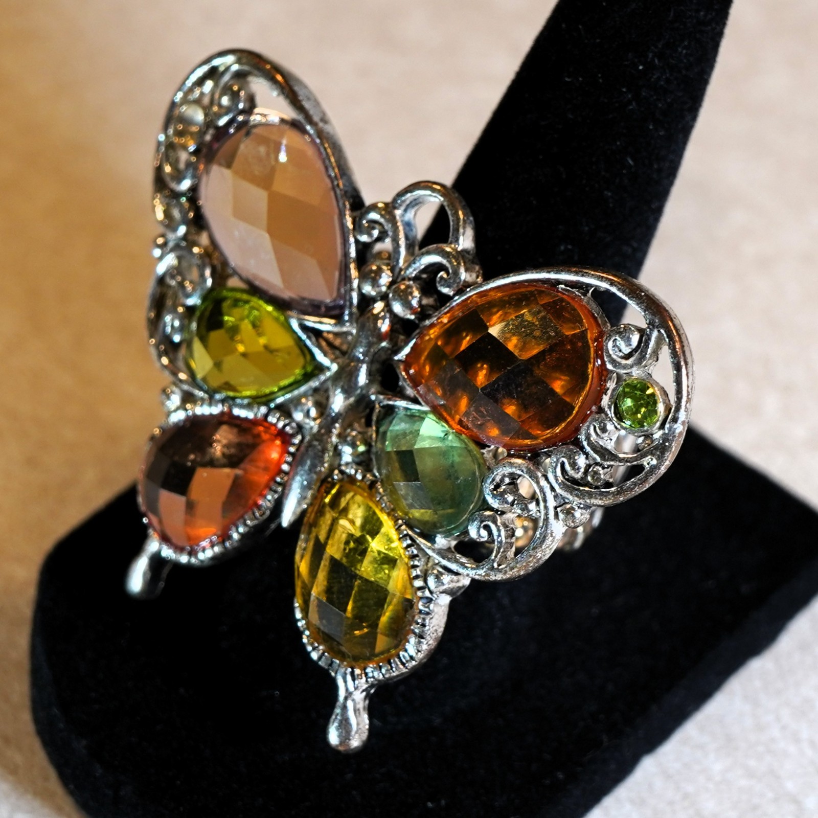 Multi-Gemstone Butterfly Statement 925 Silver Ring - image 1