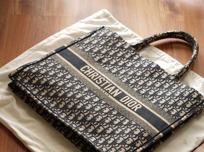 Christian Dior Große Book Tote Bag L Dior Oblique Stickerei in Ecru und Blau