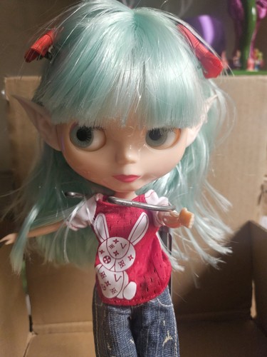 Maßgeschneiderte Blythe Puppe mit Elfenohren und hellgrünen Haaren mit neuem Outfit - Bild 3 von 10