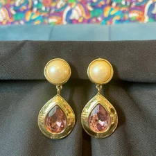 Givenchy Vintage Purple Stone and Pearl Teardrop Earrings Clip On 80s 90s Style