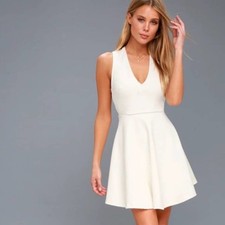 Lulus Going Steady White Backless Skater Dress Low V-Neck Mini Sleeveless Size L