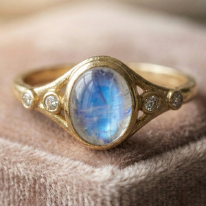 Authentic 925 Silver Natural Blue Moonstone & CZ Ring, Gold Plated Handmade Statement Ring