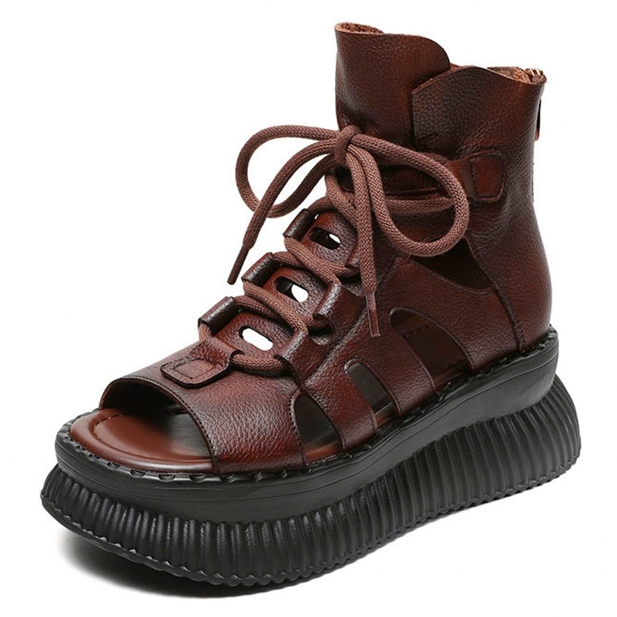 SAOLA Stivaletti donna suola spessa vera pelle sandali alti plateau piatto creepers