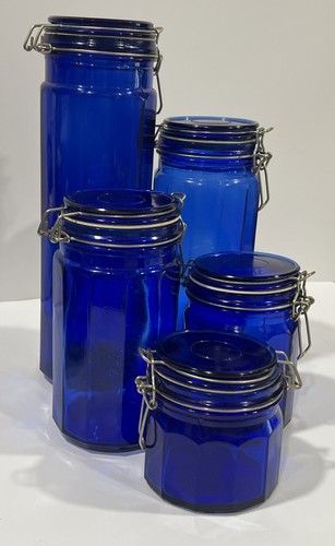 Vintage Cobalt Blue Glass Canister Jars Set Lot Of 5 Sizes Bail Trigger Lids - Picture 6 of 12