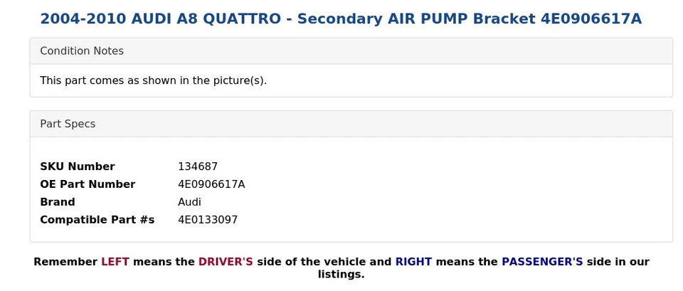 AUDI A8 QUATTRO 2004-2010 - Soporte de bomba de aire secundario 4E0906617A Foto 3 de 4