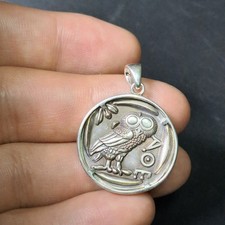 Immaculate Ancient Greek Attica Owl Tetradrachm Coin Pendant: 925 Silver Bezel