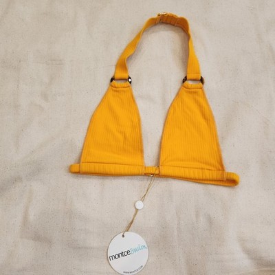 New Montce Swim Lani Bikini Top Mango Rib Yellow Tortoiseshell Rings M Medium