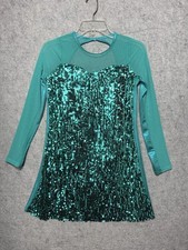 Weissman Child XL Sequin Dance Dress Leotard Teal Mesh Long Sleeve Costume
