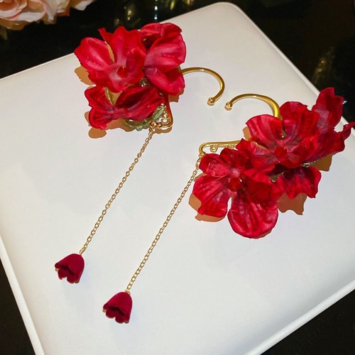 Red Flower Tassel Ear Hanging Jewelry Accessories for Women Girls - Picture 5 of 6