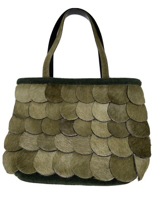 Berge Green Small Purse Made In Italy Leather Trim Round Disc Front Unique Cute