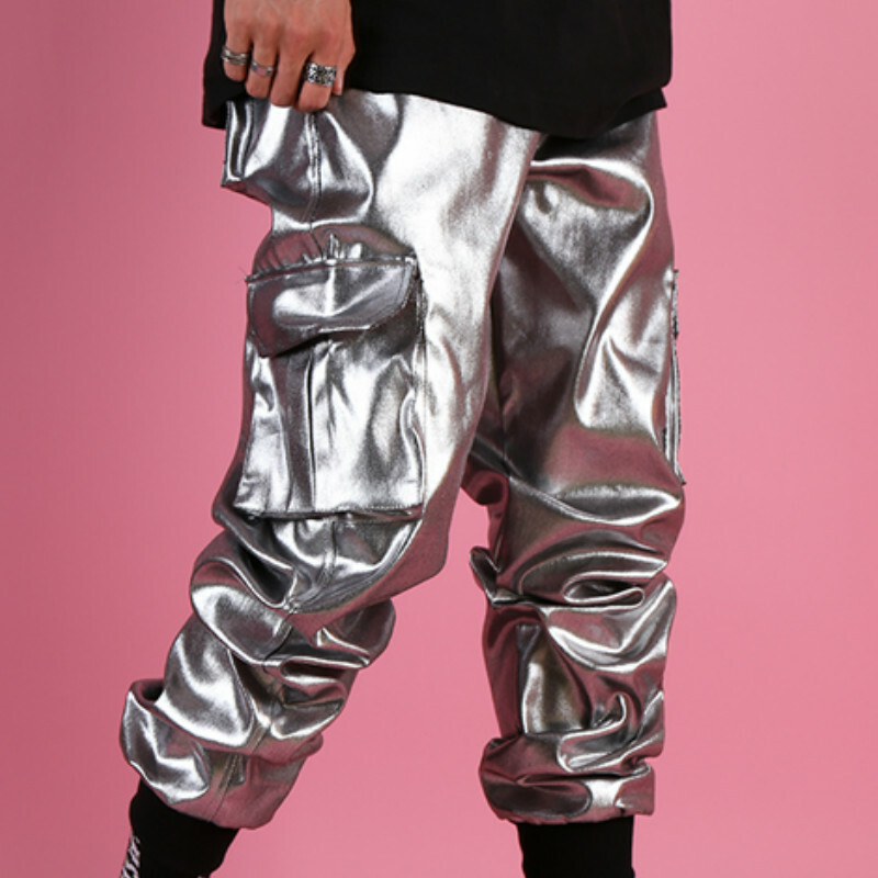 Mens Faux Leather Trousers Metallic Shiny Loose Cargo Pants
