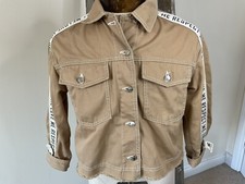 Bershka Ladies Fawn Cropped Denim Style Frayed Hem Jacket Xs Slogan Lifestyle