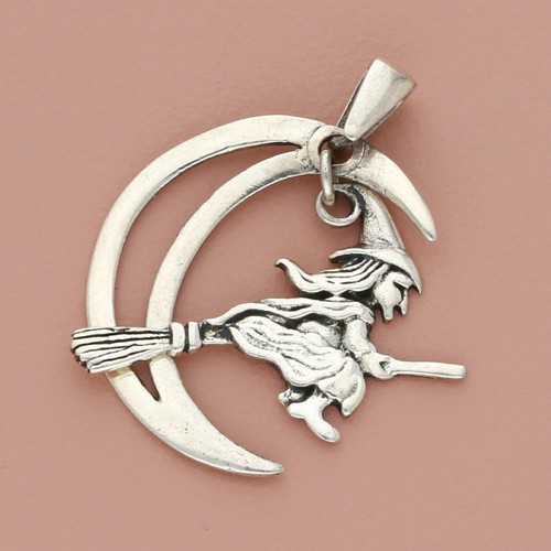 sterling silver vintage crescent moon & flying witch of broom halloween