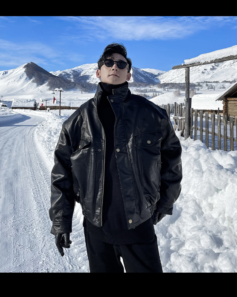 Men's Black Faux Leather Windproof Oversized Zip-Up Jacket Autumn Casual Fashion