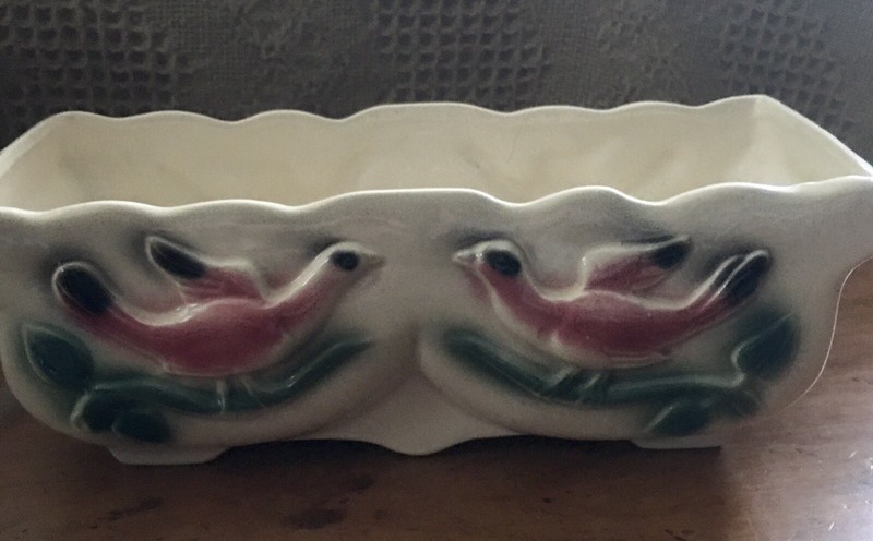 Vintage Large 9”x 3 1/2” Succulent Planter,Pink Birds/Green leaves,Raised Design