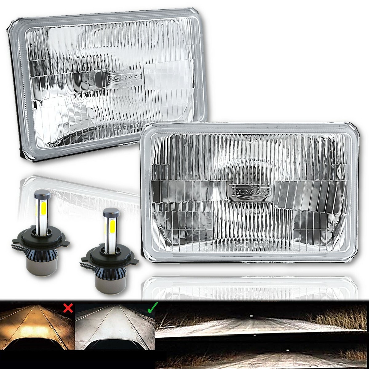 4X6 6k 4000Lm LED Stock Glass / Metal Headlight H4 Light Bulb