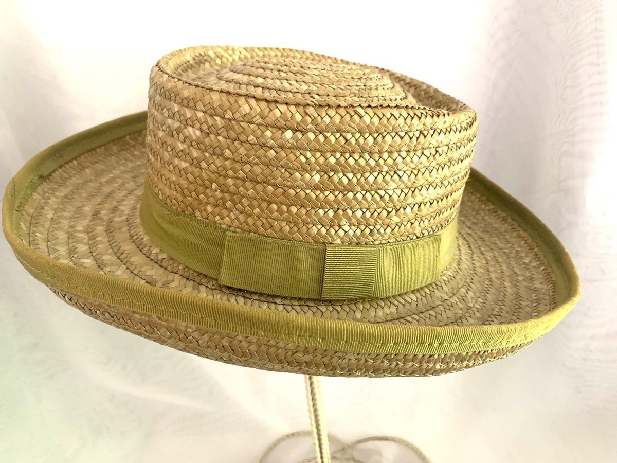 Womens Vintage Italian 100% straw Boat Beach hat Khaki Olive 
