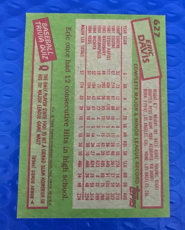 ERIC DAVIS 1985 TOPPS #627 ROOKIE RC Cincinnati Reds | eBay
