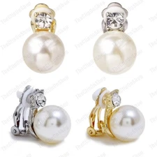 CLIP ON gold/silver fashion 12mm BIG PEARL CRYSTAL EARRINGS rhinestone FAKE STUD