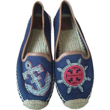 Tory Burch Maritime Canvas And Leather Espadrilles Flats Navy Blue Women's 7M