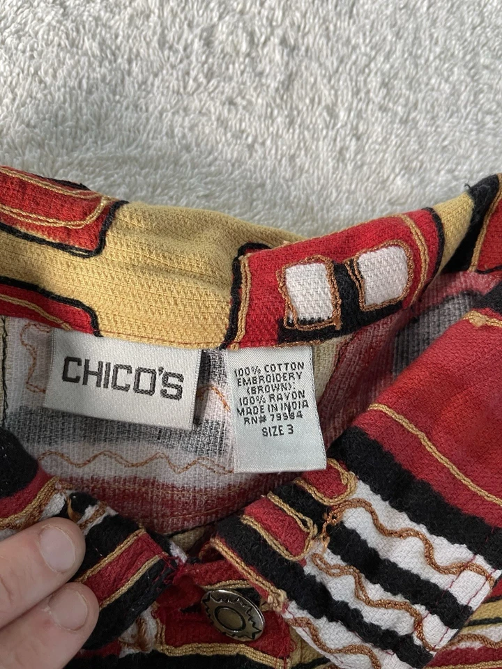 Chico's Women’s Size 3/L Embroidered Button Front Jacket Red/Gold Abstract Boho - Image 2 of 4