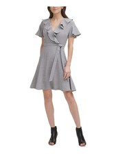 DKNY Womens Gray Unlined Tie Belt Plaid Flutter Sleeve Fit + Flare Dress 2