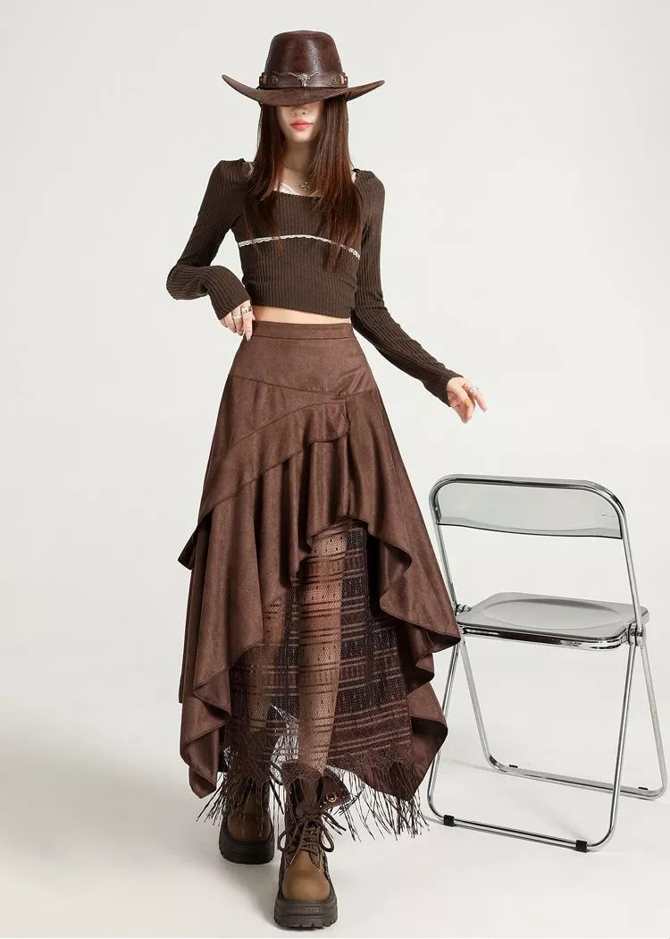 Falda Larga Marrón Talle Alto con Encaje Y Flecos Boho Elegante Para Eventos