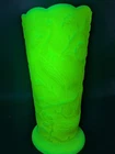 VINTAGE FENTON SATIN FINISH CUSTARD GLASS PEACOCK FLORAL 8" VASE URANIUM UV GLOW
