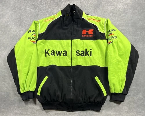 Vintage Kawasaki Team Green Racing Jacket Black Neon Green Size XL Moto Bomber - product listing photo
