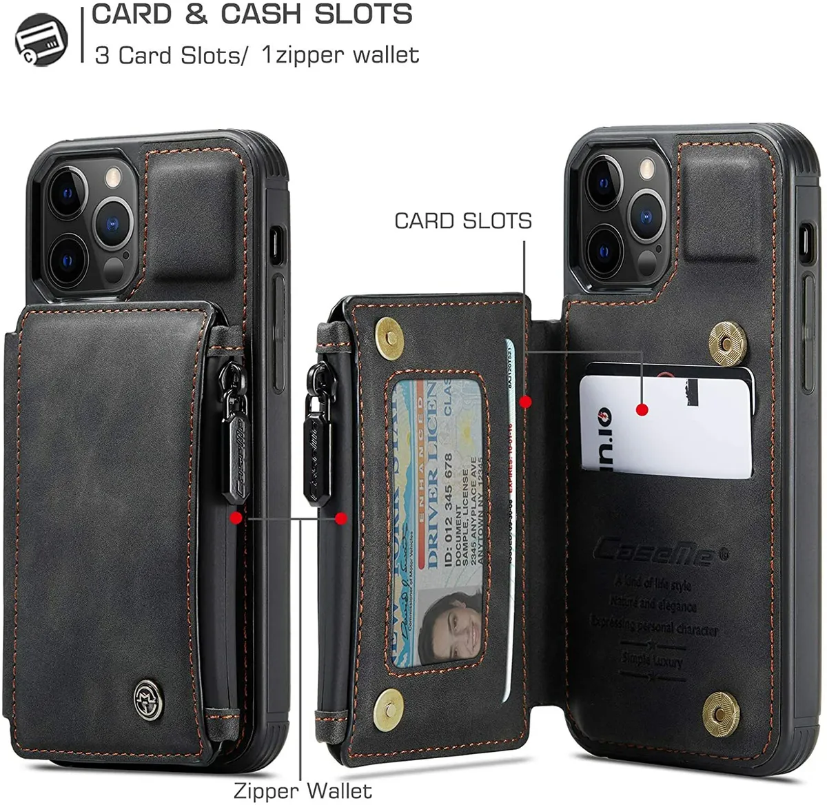 CaseMe iPhone 15 Pro Max Leather Wallet Case with RFID Blocking Card Slots  Black