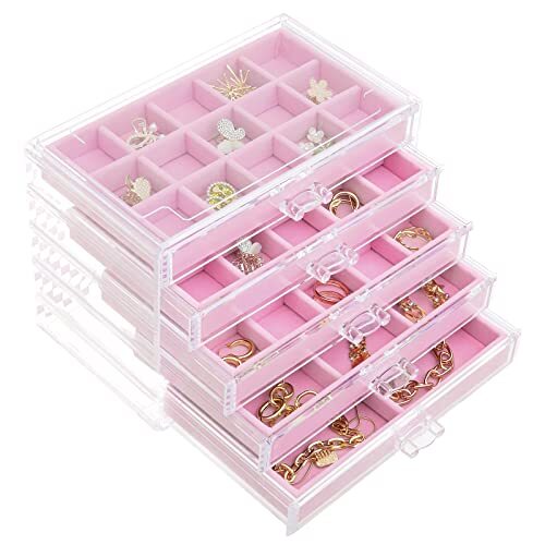 Pink Clear 5-Drawer Earring Jewelry Organizer Perfect Christmas Gift
