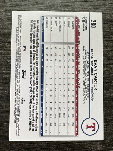 Tarjeta de novato base Evan Carter 2024 Topps serie 1 #280 radiocontrol Texas Rangers - Imagen 2 de 2