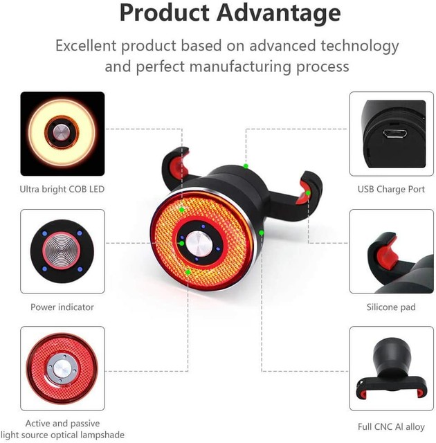 Padonow Smart Bike Tail Light Auto On/off Flashing Lights Red Back LED