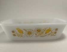 Vintage Glasbake Dish #J522 Yellow / Brown Daisies Baking Loaf Pan Dish