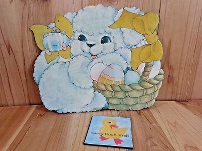 Vintage EASTER Paper Decoration Sheep Lamb Egg Basket Flocked Yellow 10''x13''