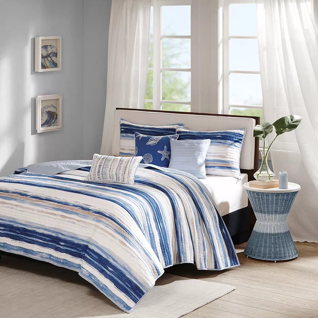 NEW COASTAL NAUTICAL BLUE NAVY WHITE SAND OCEAN BEACH SEA SHELL SOFT QUILT SET