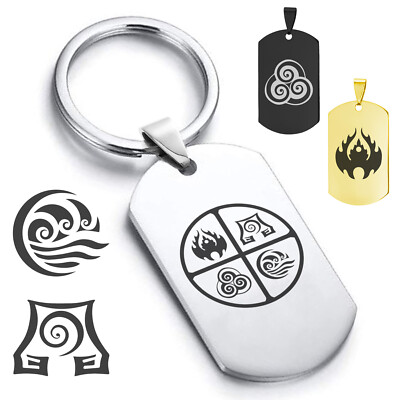 Stainless Steel Four Elements Alchemy Avatar Symbol Dog Tag Keychain Circle Ring