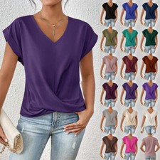 Women's Summer V Neck Top Short Sleeve Blouse Casual Loose Shirt Plus Size 8-22#
