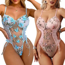 Women Sexy Lace Up Floral Teddy Lingerie Bodysuit Top Mesh Sheer One Piece