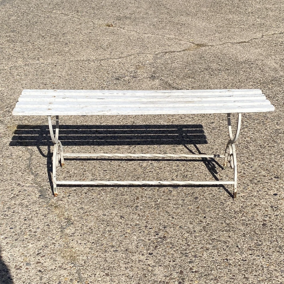 Винтажная французская скамья в стиле модерн с прокруткой из кованого железа и деревянных планок для сада патио - Изображение 2 из 4