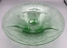 Footed Elegant Green Glass Centerpiece or Console Bowl Etched 12" 