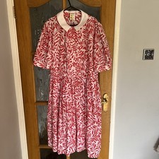 Vintage St Michael M&S Red White Floral Tea Dress S16 Midi Summer Short Sleeve