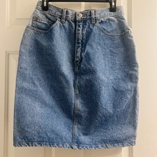 Vintage Gitano Blue Denim Jean Skirt SIZE 15/16 Light Wash Orange Threads Knee