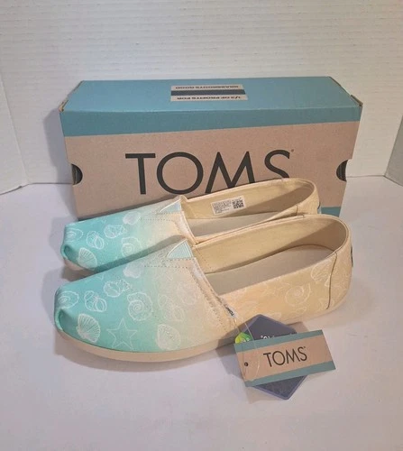 New Toms Alpargata Women’s Seashell Shoes Slip On Sneakers Tan Blue Size 7.5