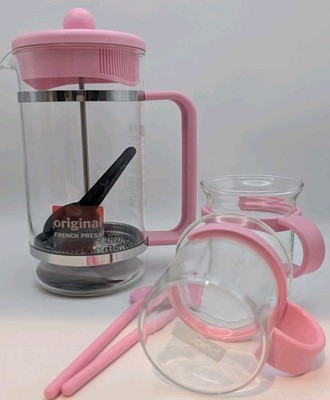 Bodum Bistro 8 Cup French Press + 2 Coffee Cups Mugs Pink/Glass SET NIB
