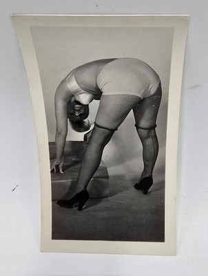 1940 s Sexy Risqué Photo- Brunette Woman Garter Nylon Stockings Bending Over