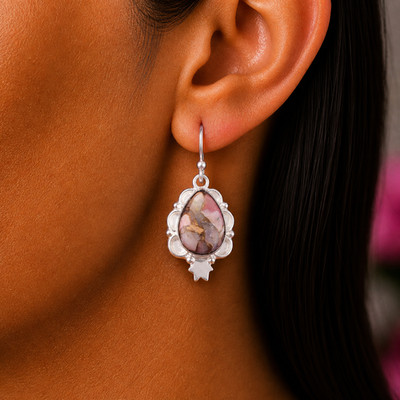 Pink Copper Turquoise Gemstone Drop Earrings Solid Silver Stylish Jewelry 1.6''