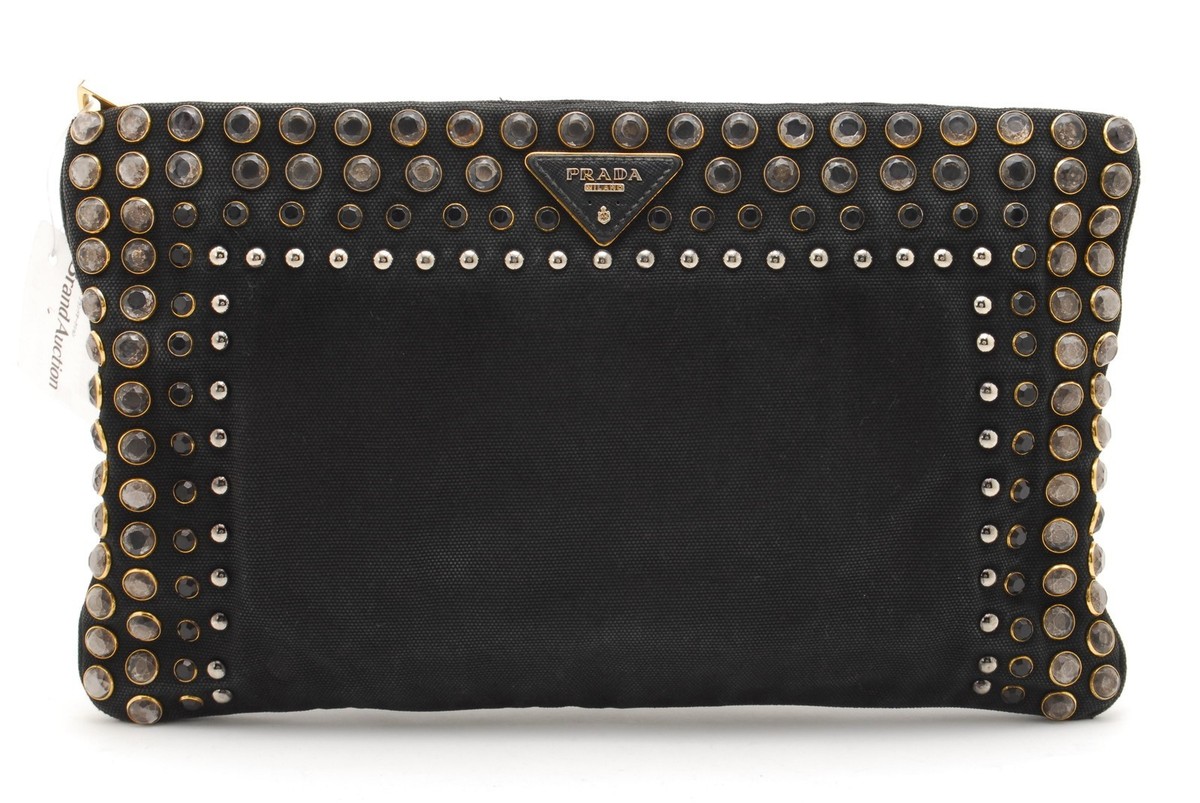 PRADA Studded Canvas Clutch Bag Purse Canapa Black | eBay